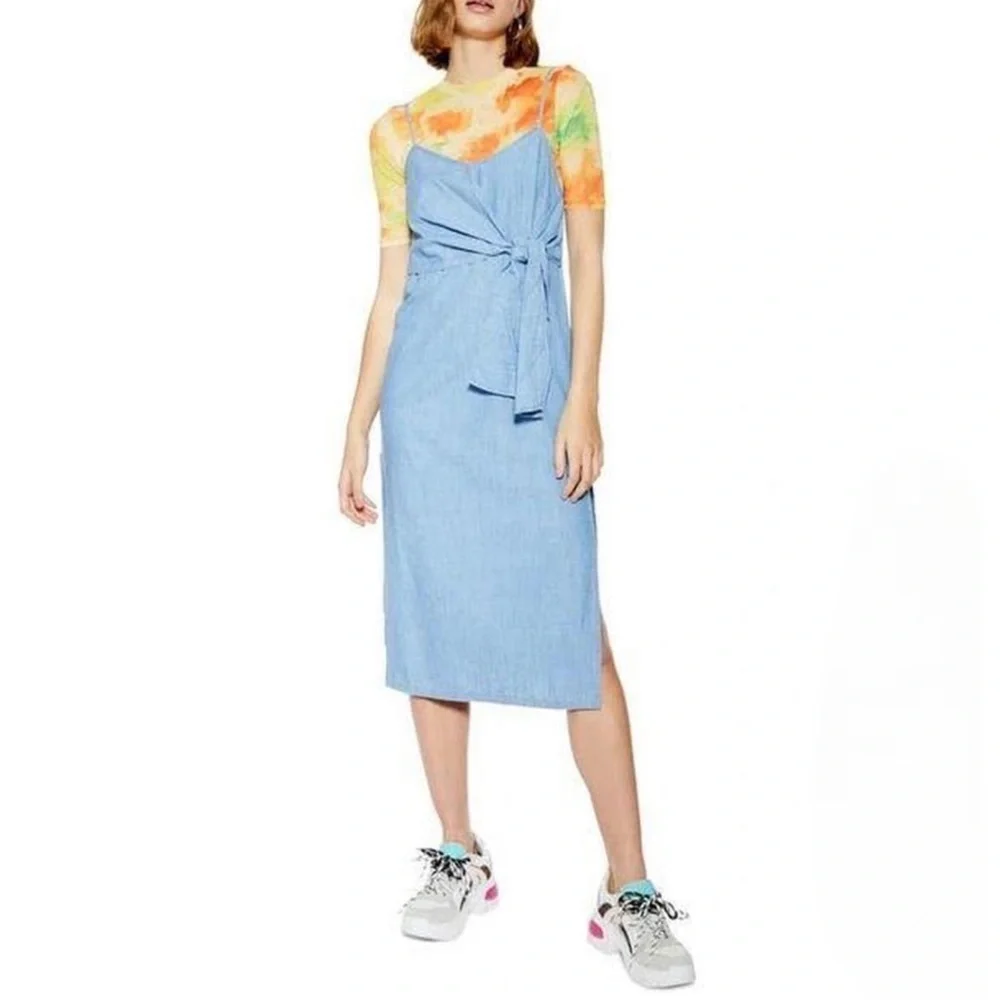 Topshop Chambray Midi Spaghetti Strap High Leg Slit Dress Front Knot Size 2 - Picture 8 of 9